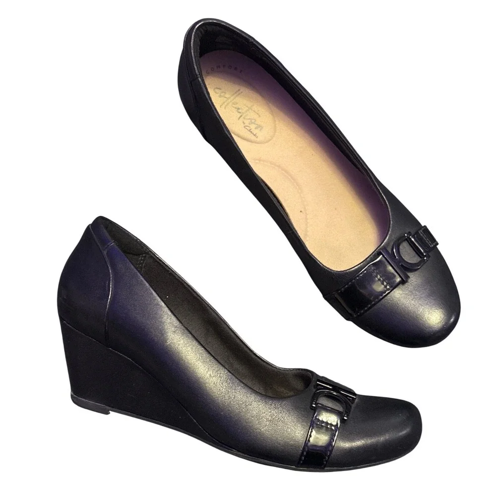 Clarks Collection Women's Black Leather Wedge Pumps Buckle Detail Size 7
